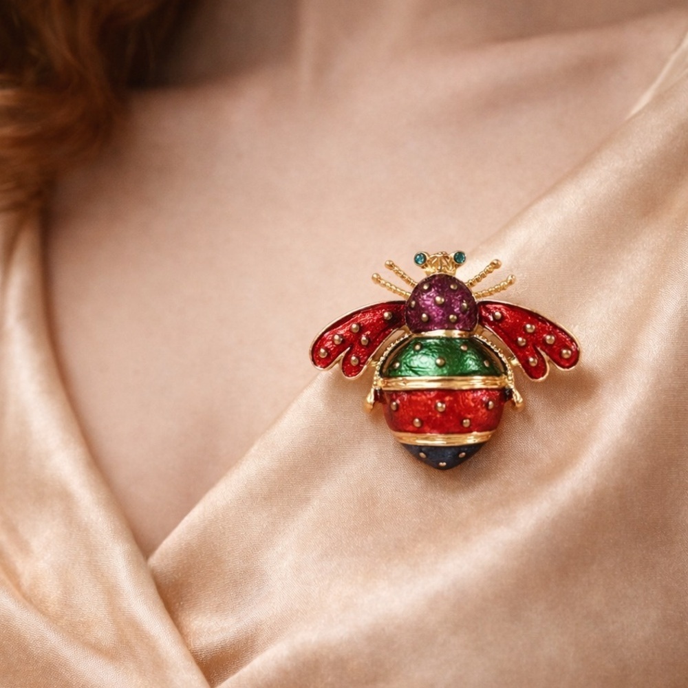 Vintage Red Bee Gold Brooch